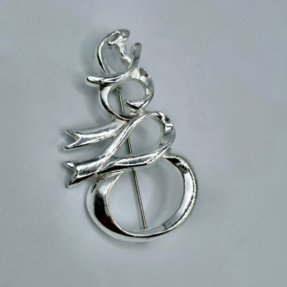 Snowman Brooch Vintage Silver Tone Ribbon Winter Christmas Holiday Statement Pin